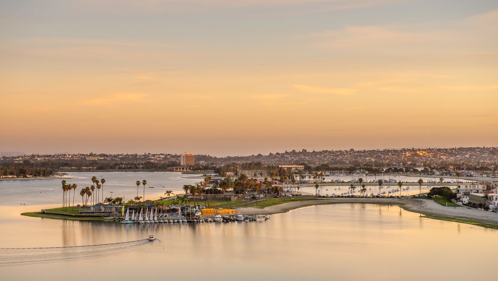 Aerial view showcasing the bay and city skyline